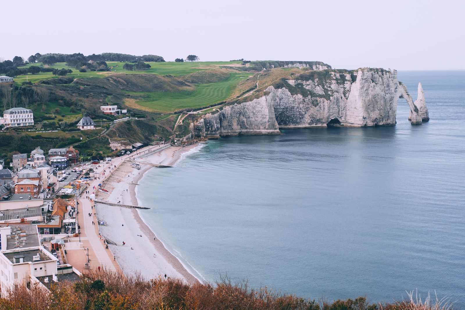 A seaside town on a cliff above the ocean